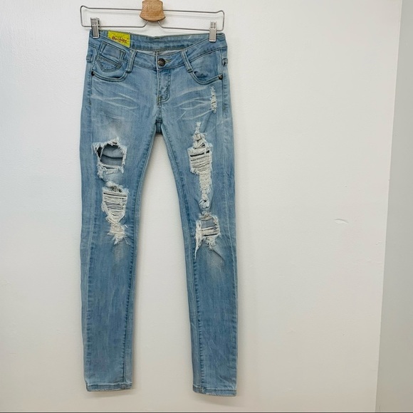 Machine Jeans Woman Size 1 Low Rise  Ripped Skinny Tapered Leg‎ Y2K Blue Light - Picture 1 of 10